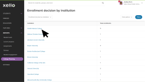 "Enrollment decision by institution" report in Xello. The cursor is clicking on an institution to get more information